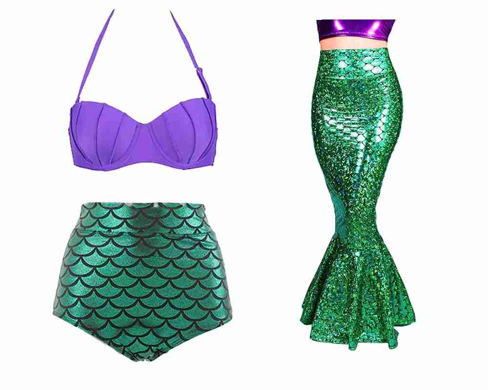 Ariel Purple Bikini Top and Green Scaly Mermaid-Cut Skirt