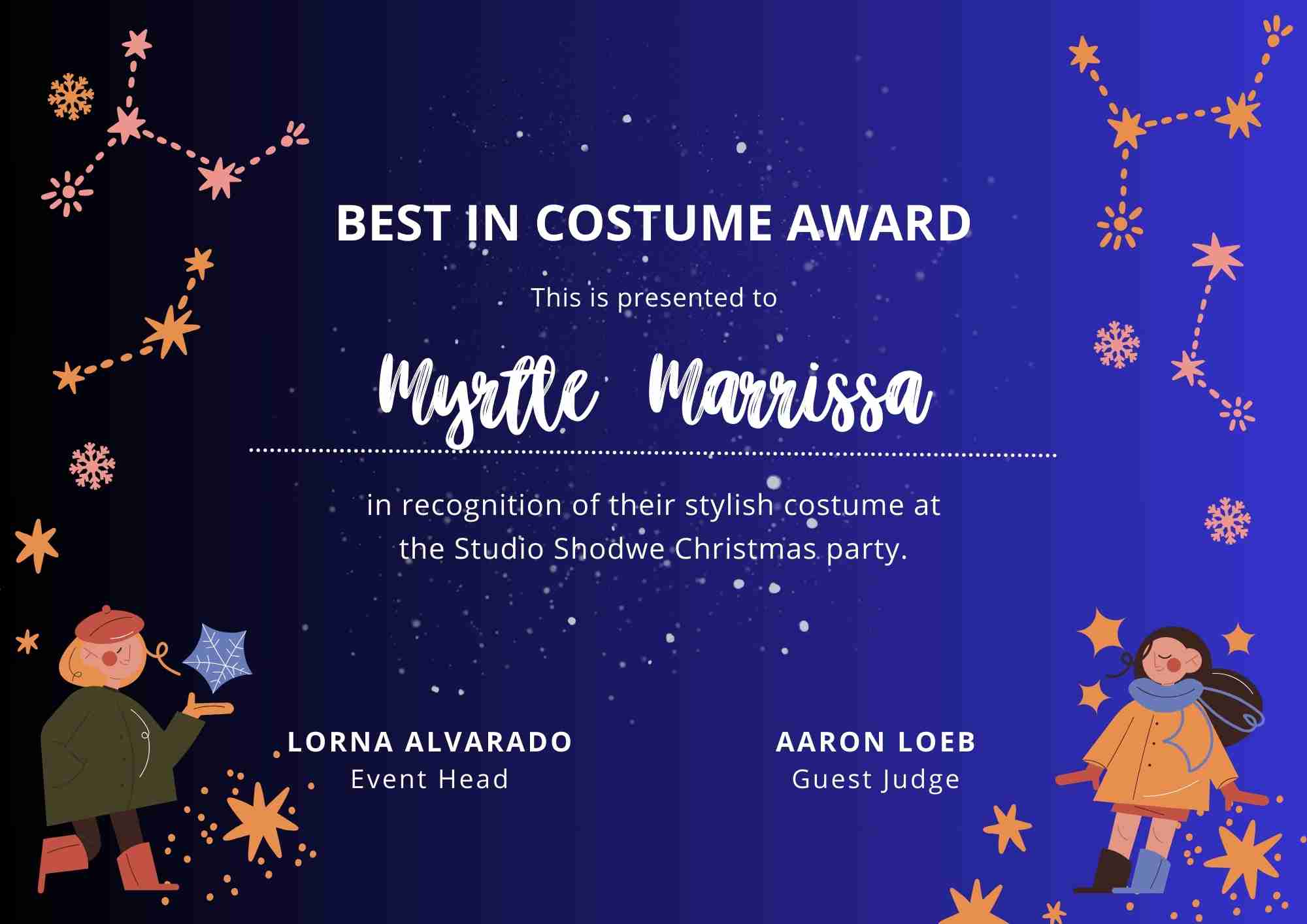 Best Halloween Costume Certificate - Myrtle Marrissa