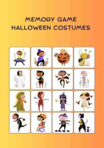 English Halloween Costumes Memory Game Worksheet in Colorful Cartoon Style 