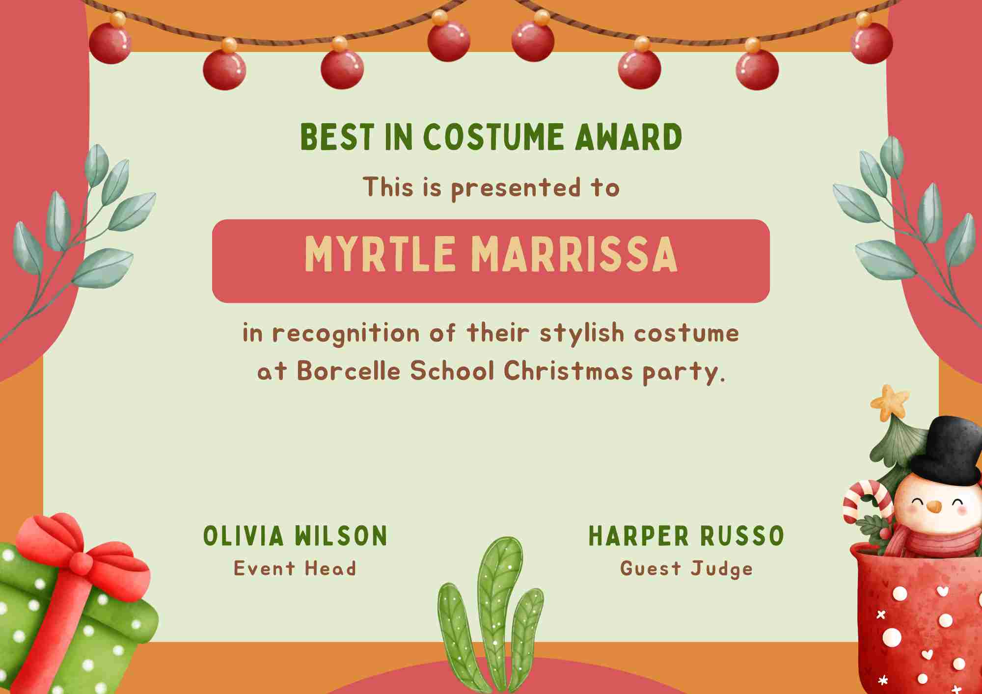 Stylish costume Award Certificate - Myrtle Marrissa