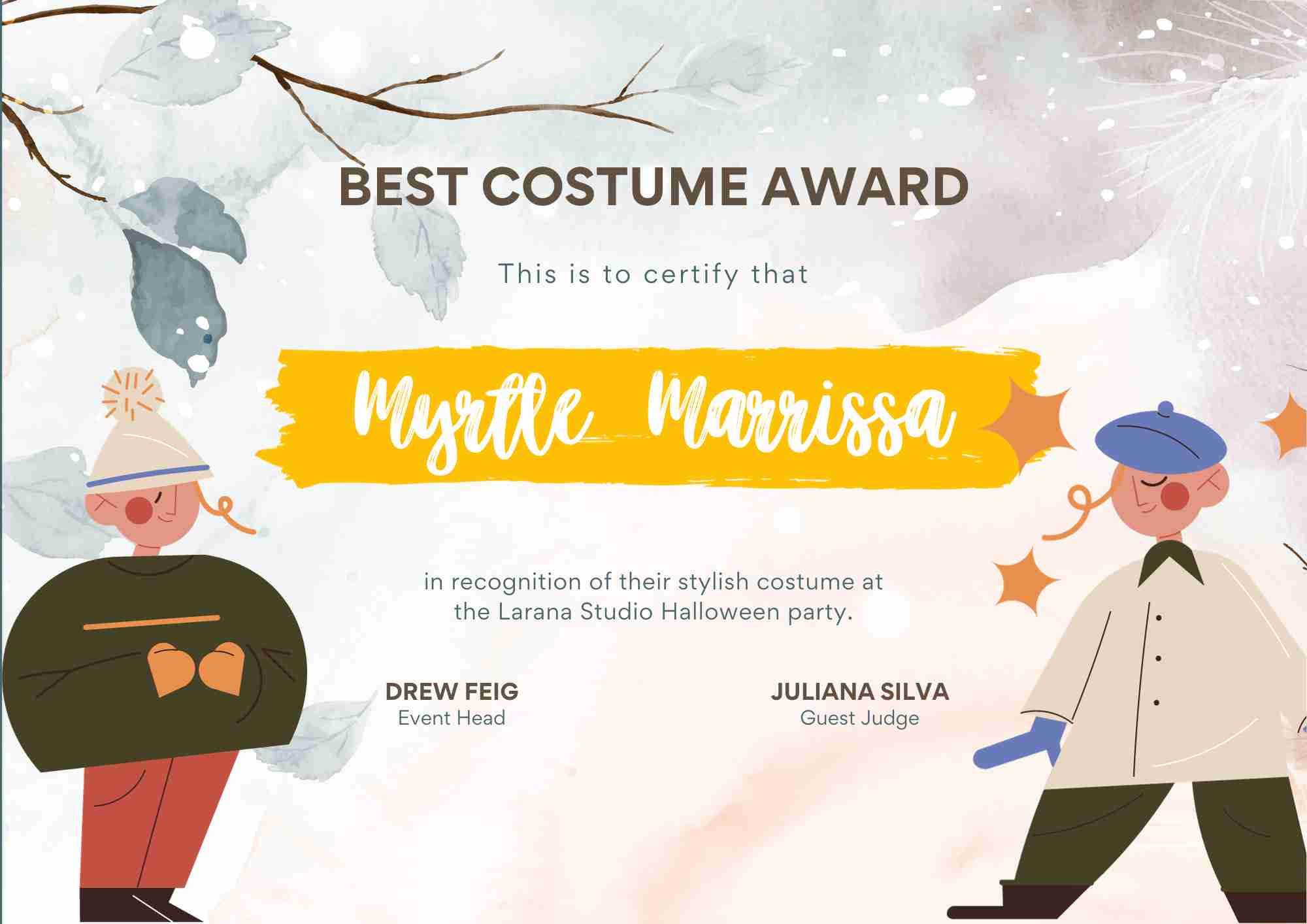 Winter Costume Award Certificate - Myrtle Marrissa